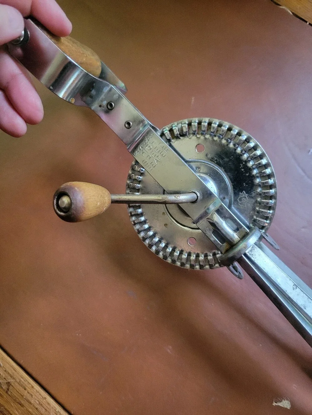 Vintage A&J High Speed Super Drive Wood Handle Kitchen Hand Mixer Egg Beater